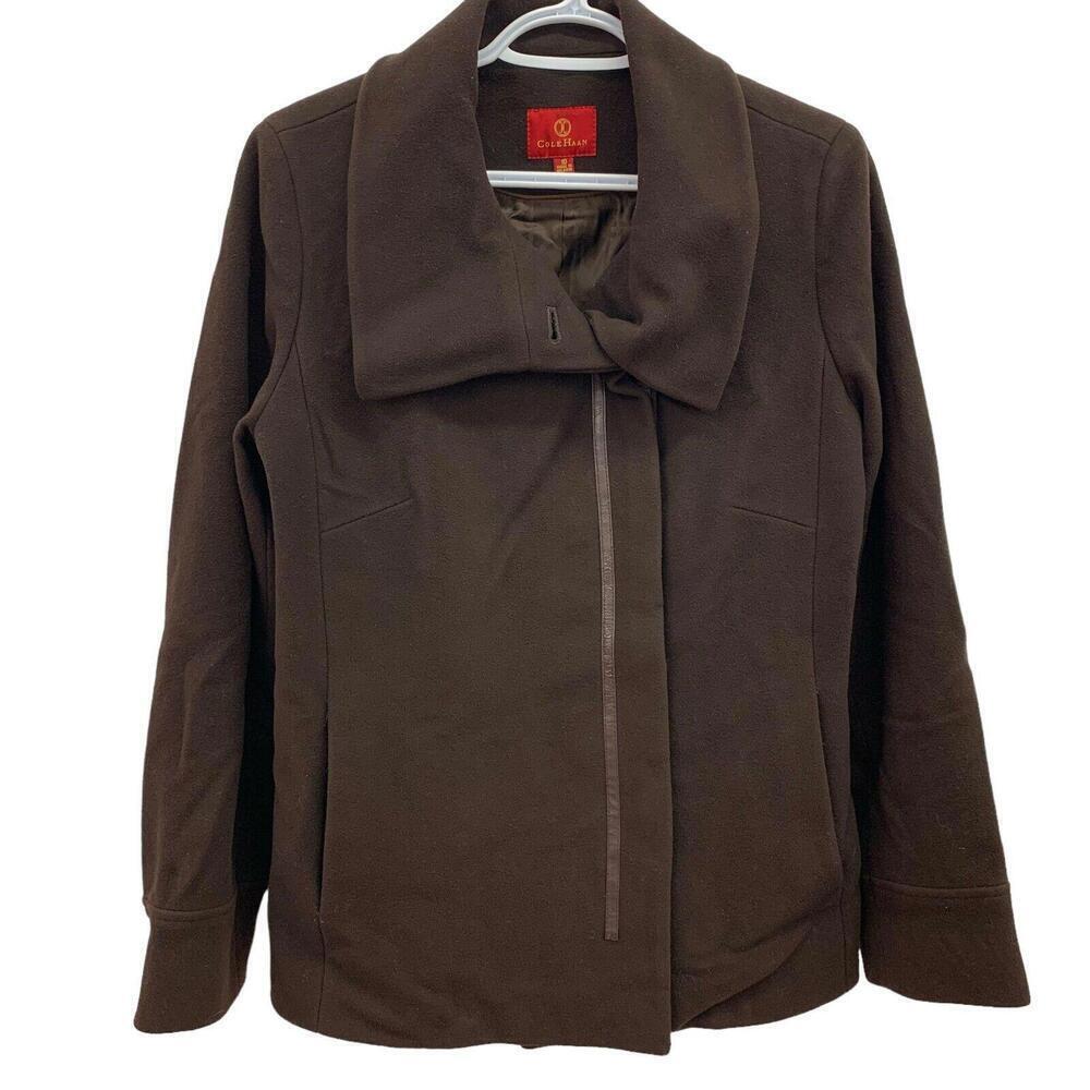 COLE HAAN Womens Brown Wool Cashmere Jacket Pea Coat Hidden Buttons Size 10